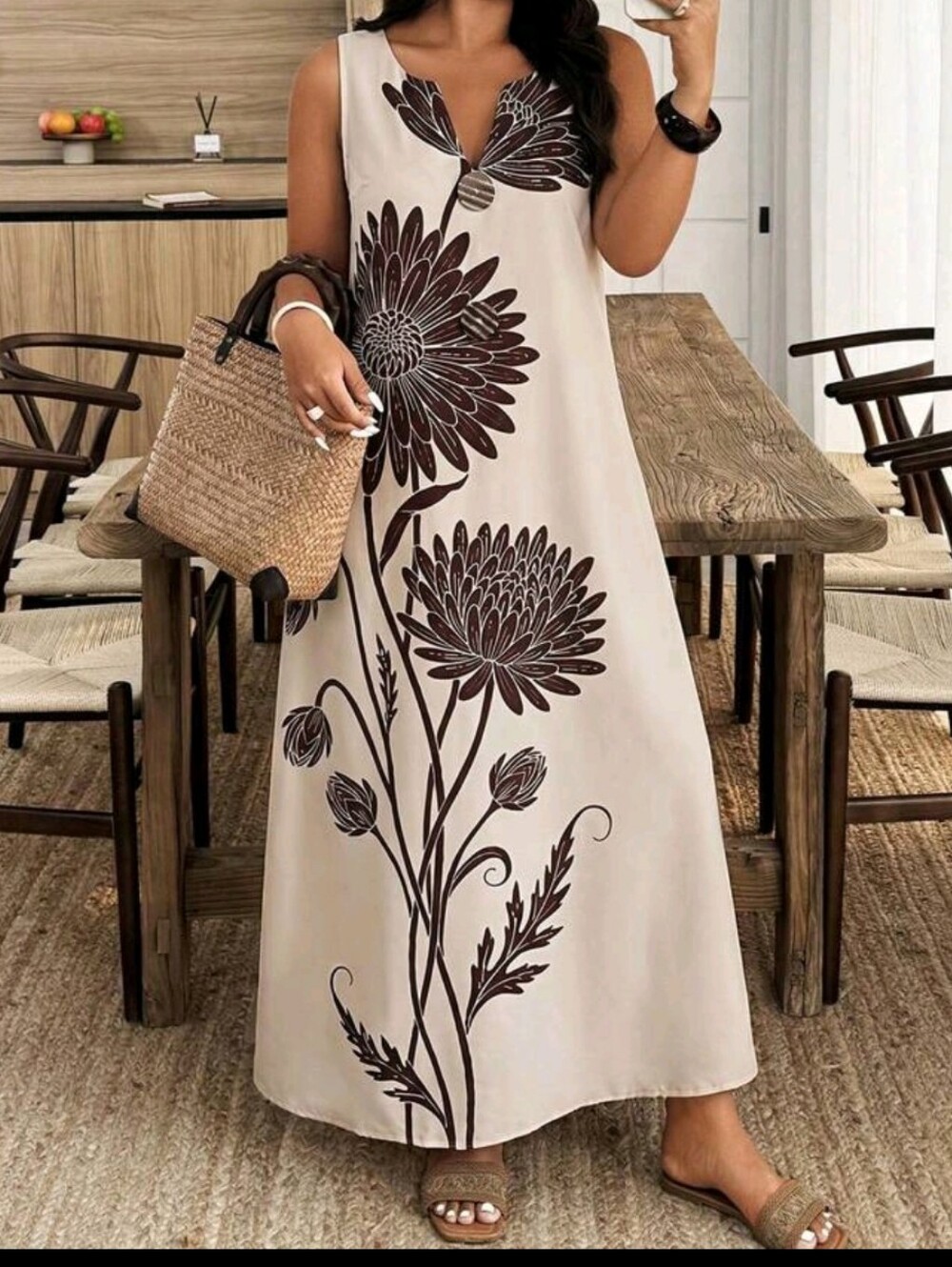 BRAND NEW ** Sleeveless Beige Floral Maxi Dress with Brown Print